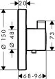 Technische Zeichnung eines Unterputzthermostats von Hansgrohe mit sichtbaren Abmessungen und Anschlussstellen, dargestellt in seitlicher Ansicht.